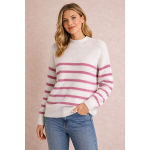 Women's BAILEY/44 White & Pink Shaggy Striped Crew Neck Sweater S NWOT